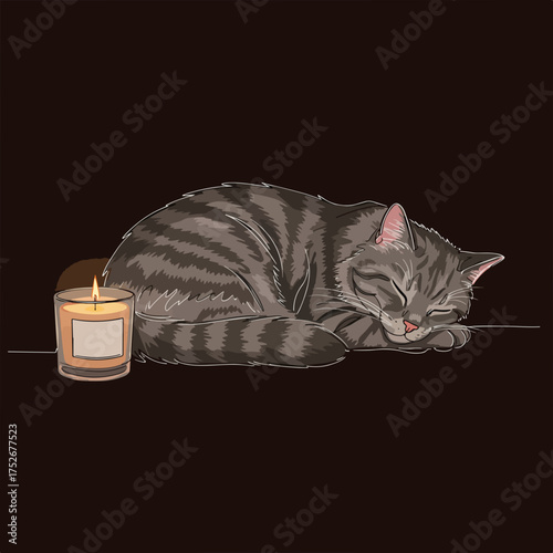 Cozy relaxation with a sleeping tabby cat next to a lit candle, creating a sense of peace, calmness, and tranquility for home decor or wellness themes
