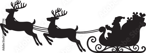 Silhouette Santa flying on deer sleigh