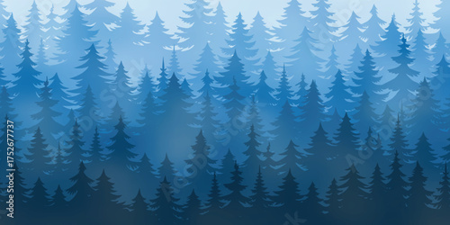 Forest and taiga in morning fog, dawn light, misty forest, seamless border, vector illustration