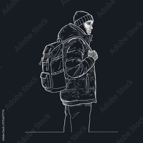 Stylish traveler with a backpack venturing into the unknown, enjoying the journey, embracing adventure, and exploring new horizons with courage and enthusiasm
