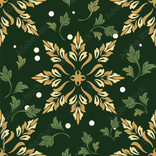 Yellow and gold floral pattern with green leaves on green background, harmonious seamless vector design, elegant decorative motif, classic floral and botanical artwork, ornamental surface pattern for