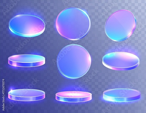 3d glass disk shape hologram effect. Render abstract neon pink blue coin set. 