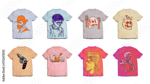 Collection of eight graphic t shirts isolated on transparent background