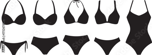 Swimsuit icon. Set of swimsuits icons. Vector illustration. Swimsuits vector icons. Black swimsuit icons
