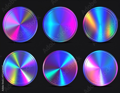 Set of realistic of holographic or neon coins with different angles. Vector illustrat