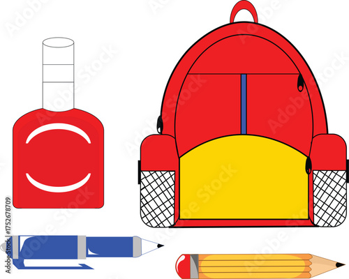 School Essentials A Vibrant Red Backpack, Pen, Pencil, and Bottle for Educational Purpose