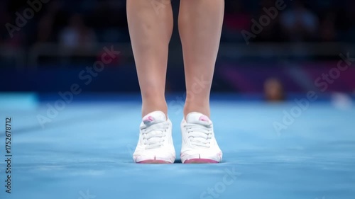 Gymnast Walking on Balance Beam in Sneakers at Gymnastics Competition