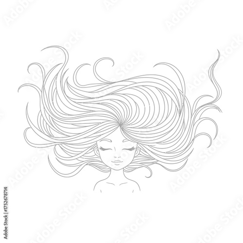 Vector art of a beautiful illustration of a young womans face with her eyes closed and a gentle smile, surrounded by a cascade of long, flowing, wavy hair