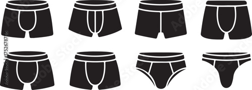 Underpants icon. Set of men's underwear icons. Vector illustration. Men's underpants vector icons. Black underwear icons