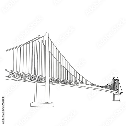 Vector art of dramatic perspective of a suspension bridge, showcasing its strong cables and towers against a clear sky, representing connection, engineering, and travel