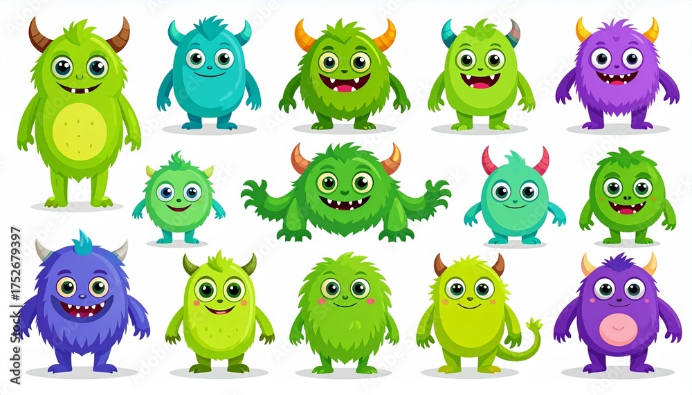 Obraz premium Cute monsters. Halloween cartoon monsters characters, funny fluffy creature, gremlin 