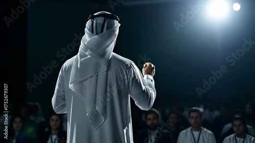 Emirati business leader in a traditional ghutra presenting to an audience at a conference. For UAE business forums, government content, leadership seminars & corporate visuals for the Gulf region.