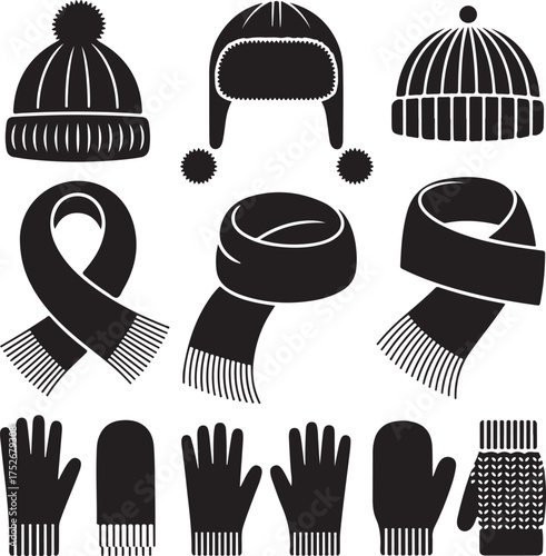Winter scarf, hats, gloves and mittens black silhouettes vector set