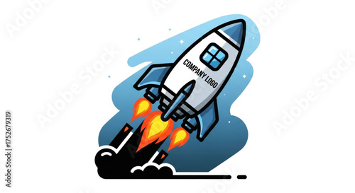 Cartoon rocket ship launching with flames startup concept, business growth, innovation, and technology vector illustration