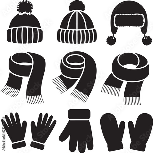 Winter scarf, hats, gloves and mittens black silhouettes vector set