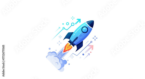 Blue rocket ship launching with flames startup concept, business growth, innovation, and technology vector illustration