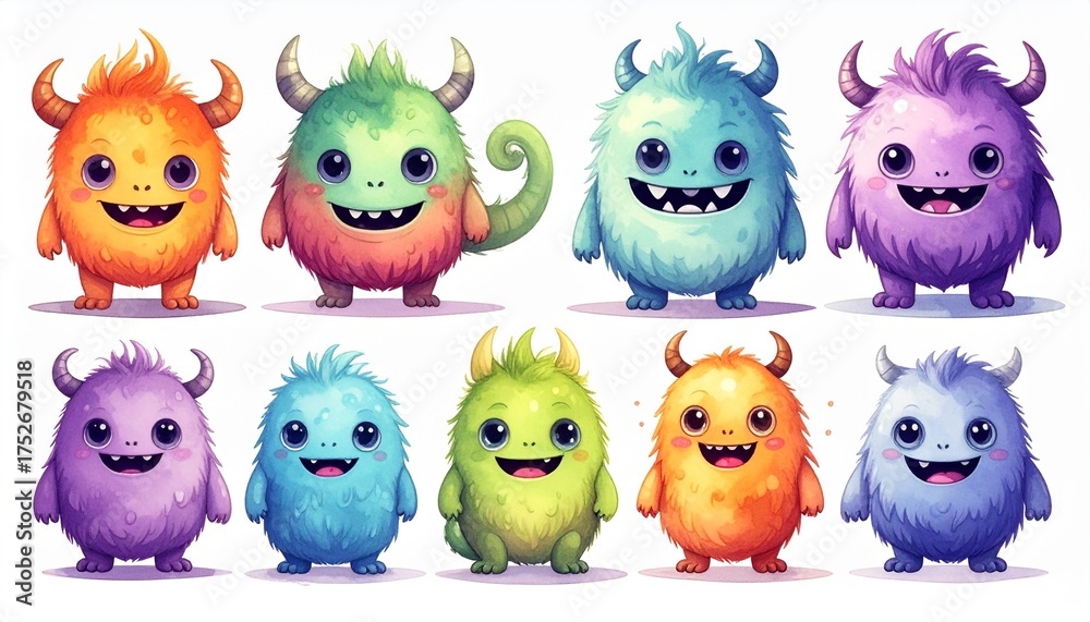 Obraz premium Set of cute happy monster on white background