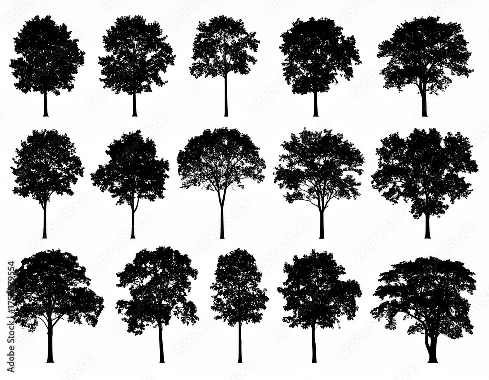 Fototapeta premium Set of trees silhouette isolated on white background 