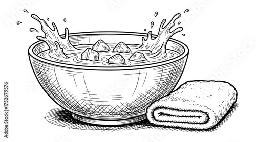 Hand-Drawn Bowl of Ice Water with Towel in Classic Sketch Style. Vector Illustration for Wellness and Spa Concepts.