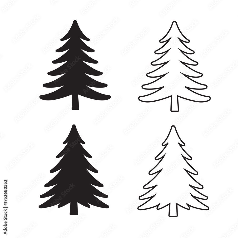 Fototapeta premium Christmas Tree Silhouette and Outline Vector Set – Holiday Pine Tree Design