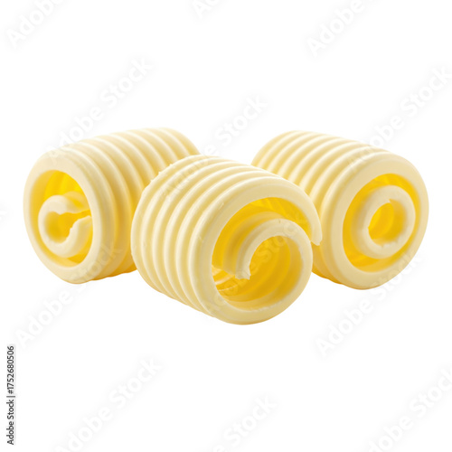 Three butter curls isolated on transparent background, fresh and delicious dairy product