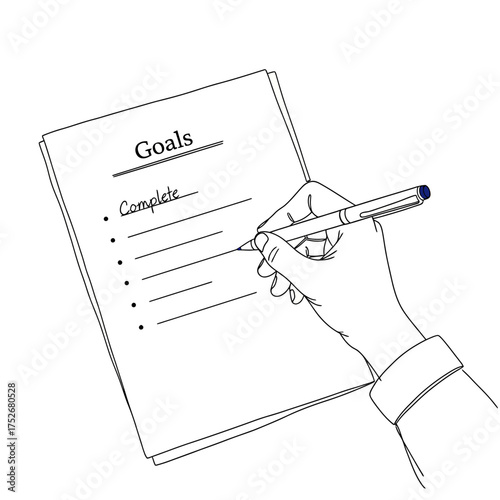 Vector art of hand writing a todo list titled goals with the first item complete on a piece of paper, symbolizing planning, achievement, and personal development in a clear and concise line drawing