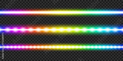 Rainbow neon lights vector illustration. Horizontal straight led lamps, gradient light effect with transparency
