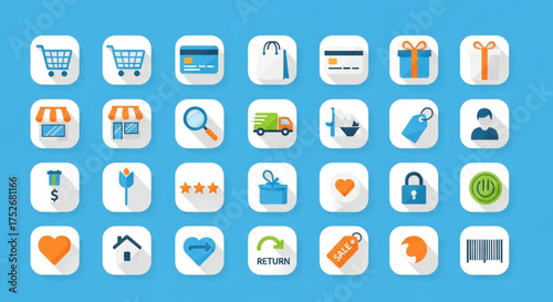 Collection of flat design shopping icons on blue background, including shopping cart, credit card, gift box, delivery truck, price tag and other ecommerce elements