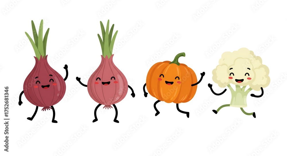 Naklejka premium Cheerful cartoon vegetables joyfully leap and dance together against a blank white background.