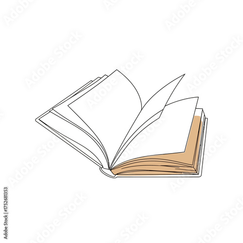 Vector art of a simple, clean line drawing of an open book with pages fanning out, showcasing blank pages ready for text or images, isolated on a, representing knowledge and literature