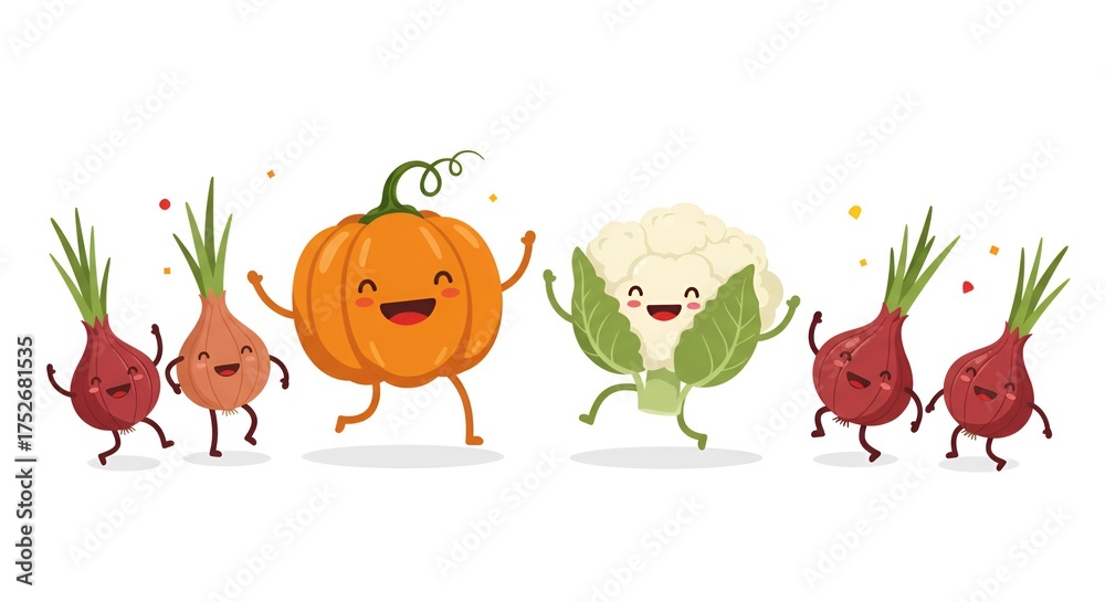 Naklejka premium A whimsical cartoon illustration of joyful pumpkin, cauliflower, and onions dancing happily.