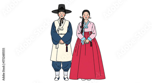 Illustrated couple in traditional Korean hanbok.