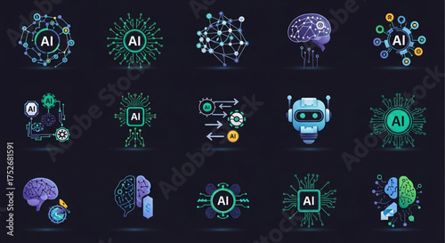Collection of artificial intelligence icons on a dark background, showcasing the diverse applications of ai in technology and innovation