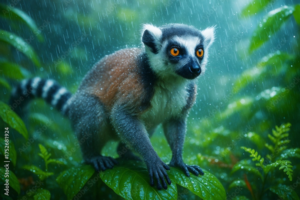 Naklejka premium Ring-tailed lemur with vivid orange eyes standing on wet jungle leaves during rainfall, surrounded by lush green foliage and soft light. Ai generative