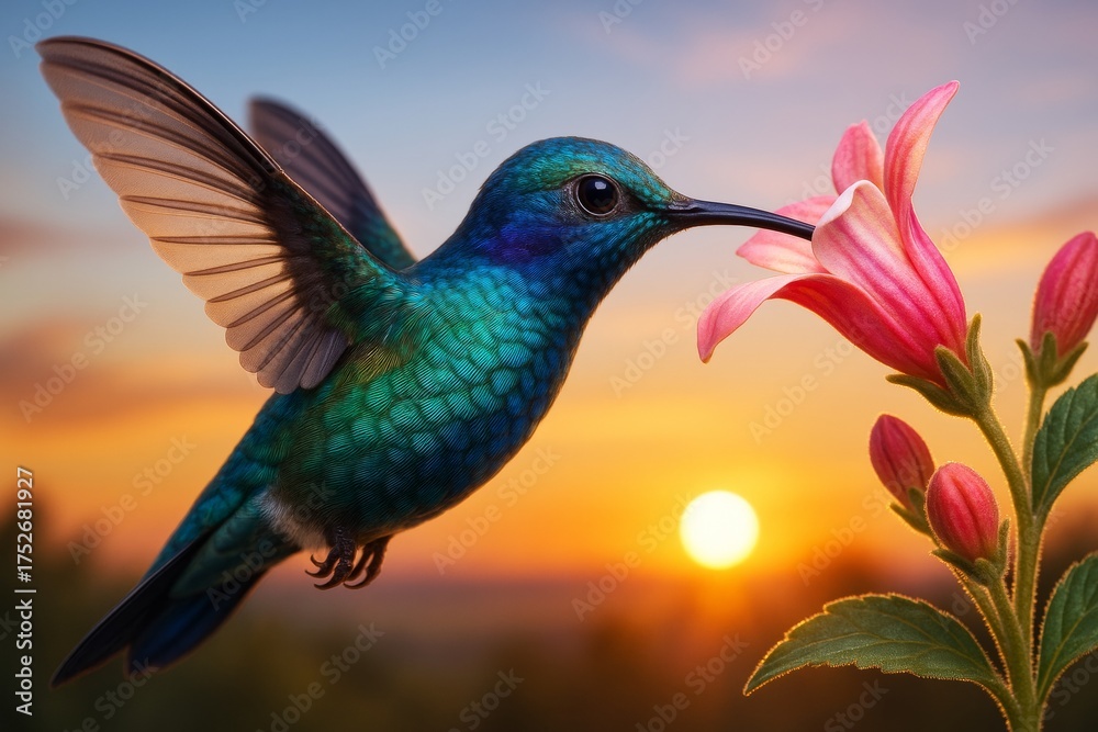 Fototapeta premium Vibrant hummingbird feeding from pink flower at sunset with warm glowing background and soft light, symbolizing nature's delicate harmony. Ai generative