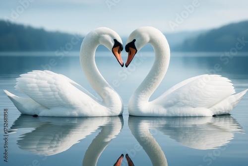 Fototapeta Naklejka Na Ścianę i Meble -  Two elegant swans forming a heart shape with their necks on a serene lake, soft light and misty background creating a peaceful romantic mood. Ai generative