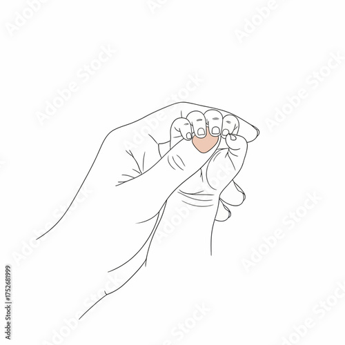 Vector art of closeup of a hand gently holding a babys tiny fingers, representing new life, protection, and parental love, depicted in a tender, minimalist line art style
