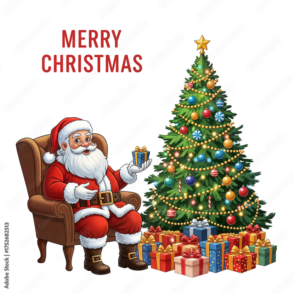 Fototapeta premium Santa Claus relaxing beside a Christmas tree with gifts, festive family scene for cards and posters 