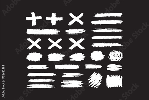 Grunge crosses, brush strokes, x mark, lines, ink smudges, hand-drawn scribble shapes. Handmade sketchy marks, acrylic stains, charcoal streaks. Paint textures, dry brush effect. Vector illustration