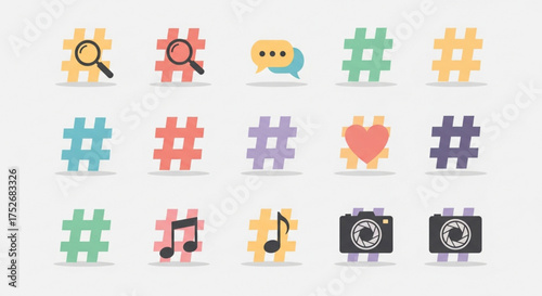 Colorful hashtag icons representing various social media themes such as search, chat, love, music, and photography