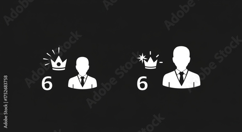 Two business leader icons with crowns and the number six, isolated on, representing top performers or high ranking employees