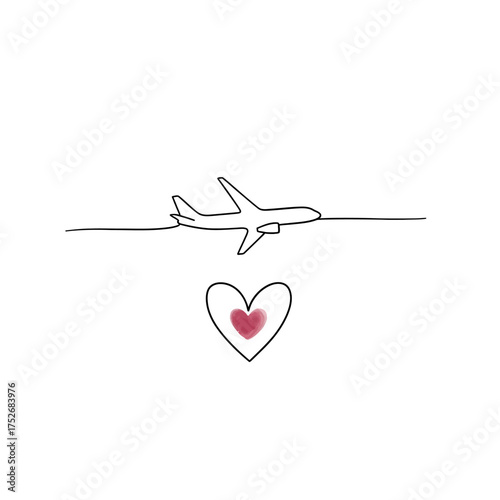 Vector art of a simple line drawing of an airplane flying across a horizontal line, with a red heart symbol below it, symbolizing travel and love