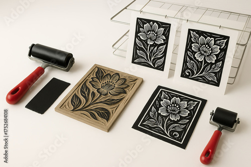 Linocut Printing Process: Floral Design Block, Prints, Rollers, and Ink Pad.