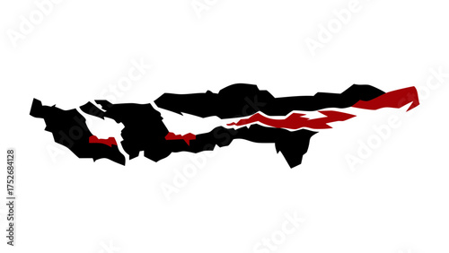 Stylized map of a landmass featuring black and red colors on a white background in an abstract design