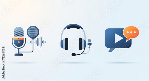 A set of icons representing audio and video communication, featuring a microphone, headphones, and a video play button with speech bubble