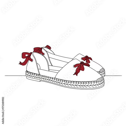 Vector art of pair of white espadrille flats with red ribbon ties, , minimalist line art illustration of summer footwear, representing fashion and casual style