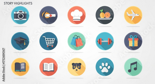 Story highlights icons includes camera, graduation, chef, fruits, airplane, shopping, gift, music, and more