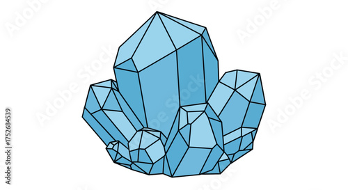 Elegant cluster of blue crystalline structures, an abstract illustration with sharp geometric facets, radiating a serene and sparkling essence