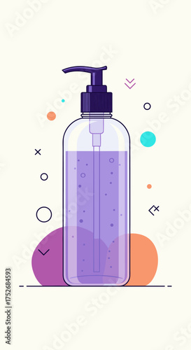 A clear plastic bottle with a purple liquid and a pump dispenser is a refreshing addition to any space.