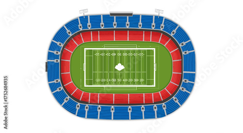 Top-down view of a modern sports stadium with a green playing field and blue and red seating, perfectly designed for major events and competitions